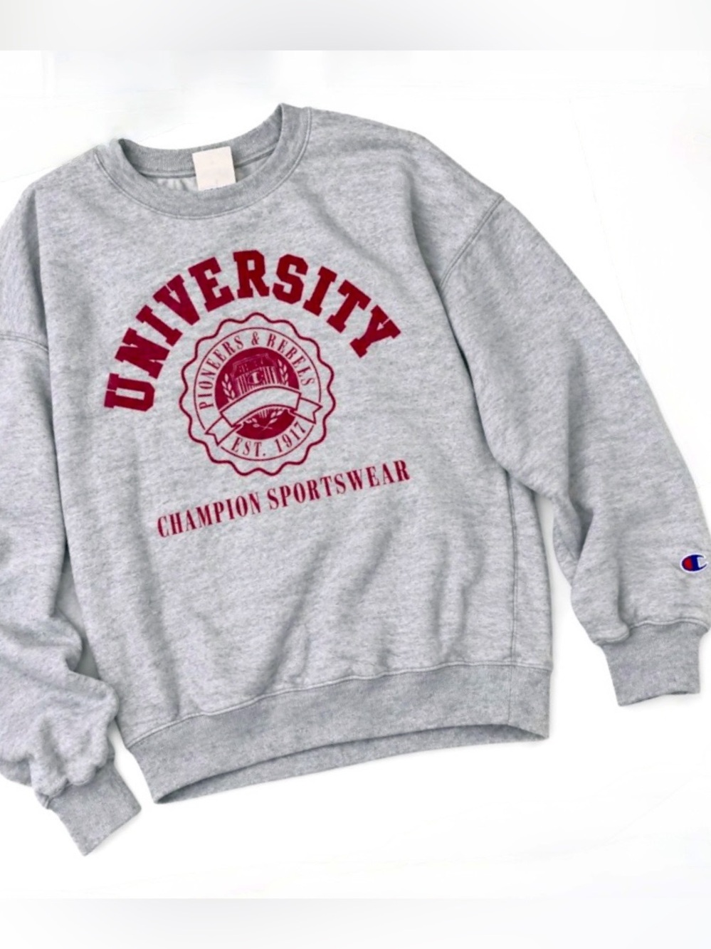 Champion Gray Crewneck Sweatshirt with Red University Graphic